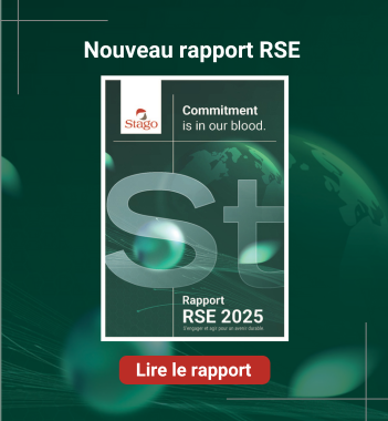 Pop up de téléchargarment du rapport RSE 2025 de Stago. Cliquer pour visiter la page RSE de Stago. 