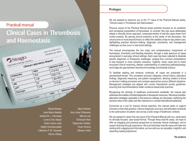 Cover and prologue of Stago's 11th Practical Manual on Clinical cases in Thrombosis and Haemostasis 