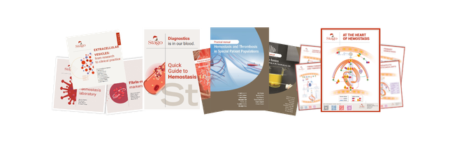 Image des ouvrages de la collection scientifique de Stago (Focus, Quick guide to hemostasis, Practical manual et posters scientifiques)
