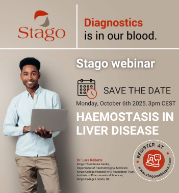 Flyer of Stago webinar on hemostasis in liver disease. Click to save the date.