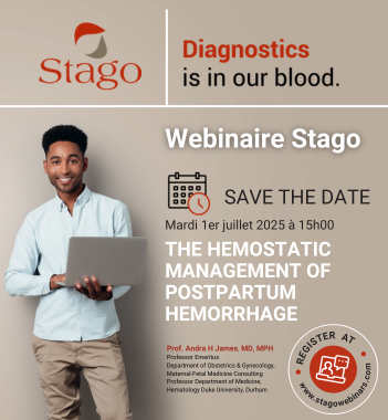 Flyer du webinaire Stago sur l'hémorragie du postpartum.